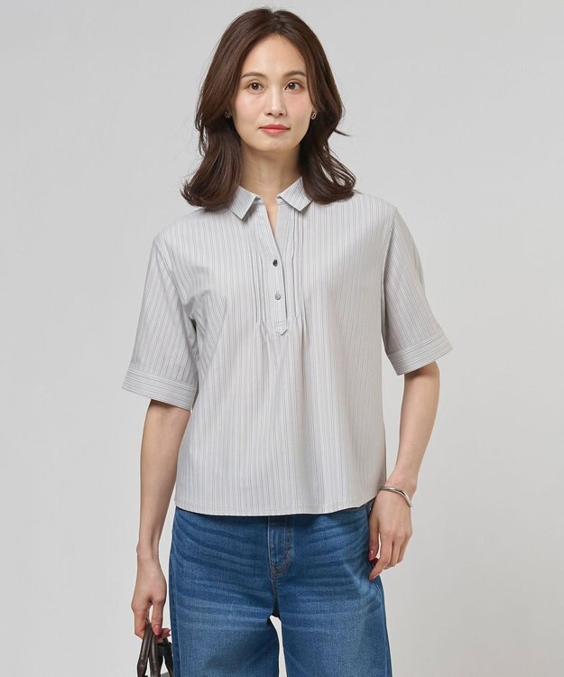 J.PRESS LADIES ドライコットン ストライプ ポロ カットソー ライトグレーストライプ系1