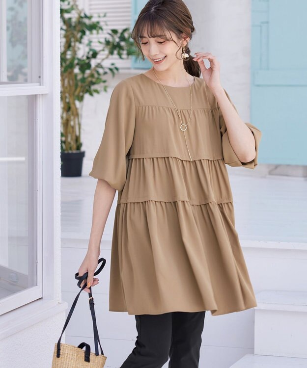 Tiaclasse L 【洗える】ティアードチュニックブラウス ベージュ