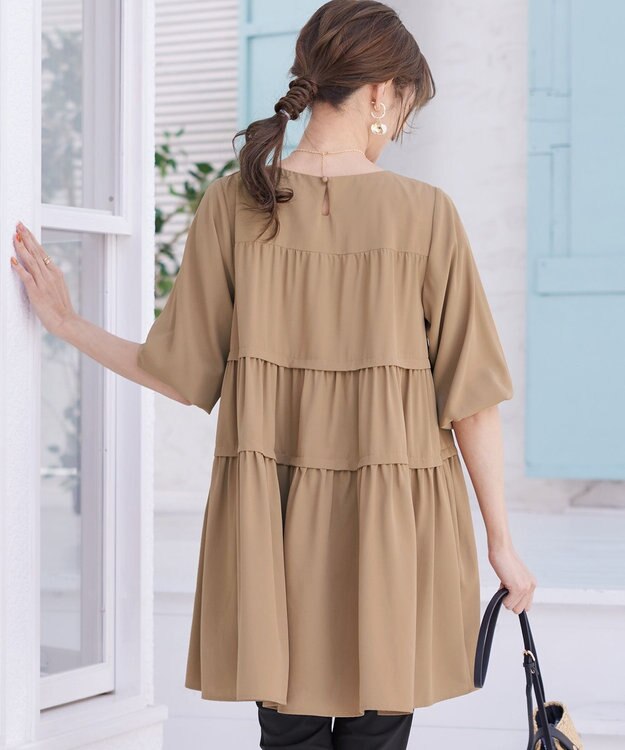 Tiaclasse L 【洗える】ティアードチュニックブラウス ベージュ