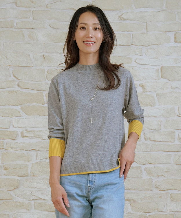 J.PRESS LADIES L SOFT TOUCH WOOL ブロッキング ニット グレー×イエロー系