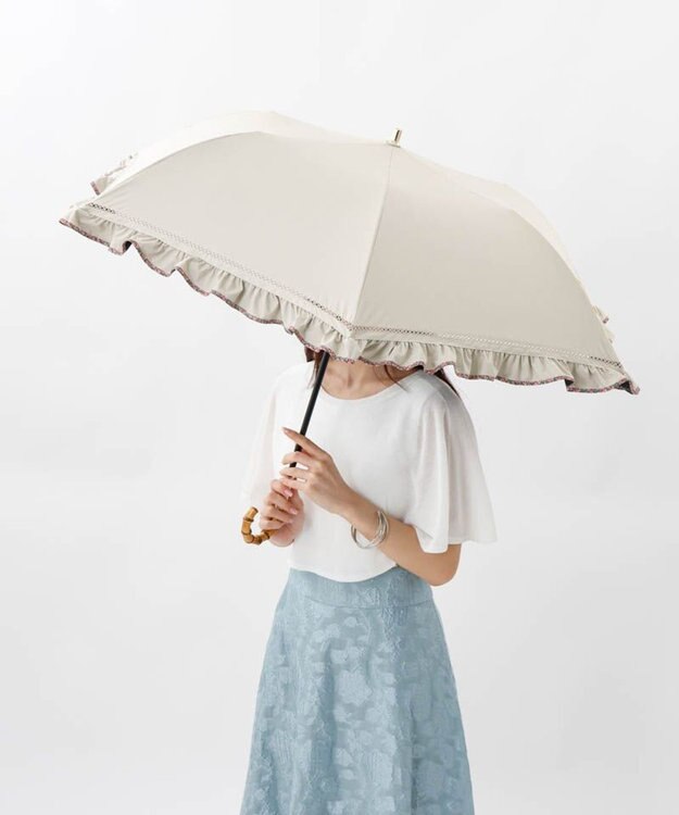 AURORA 【 JILL STUART（ジル スチュアート）】・WEB限定・　リバティパイピングフリル晴雨兼用パラソル(折りたたみ) ライトベージュ