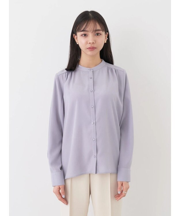 earth music&ecology バンドカラーブラウス Grayish Blue