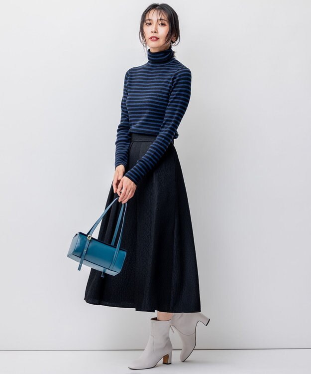 23区 L 【洗える】ウーステッドウール タートルネック ニット ブラック×マリンボーダー