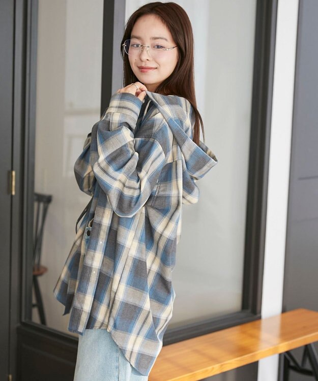 WEGO フードチェックBIGシャツ サックス