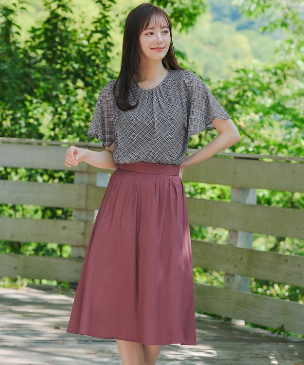 Tiaclasse 【洗える】チェック柄ハンカチスリーブブラウス ブラック