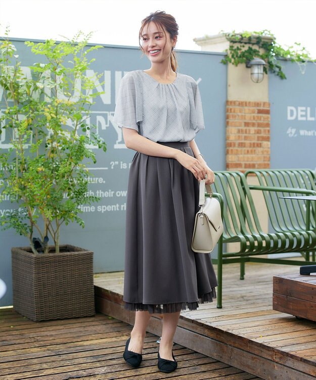 Tiaclasse 【洗える】チェック柄ハンカチスリーブブラウス ブルー