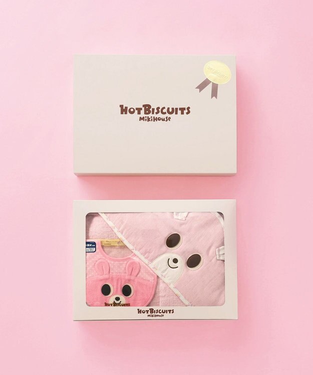 MIKI HOUSE HOT BISCUITS ベビーバスタオル＆スタイギフトセット【BOX付き】 ピンク