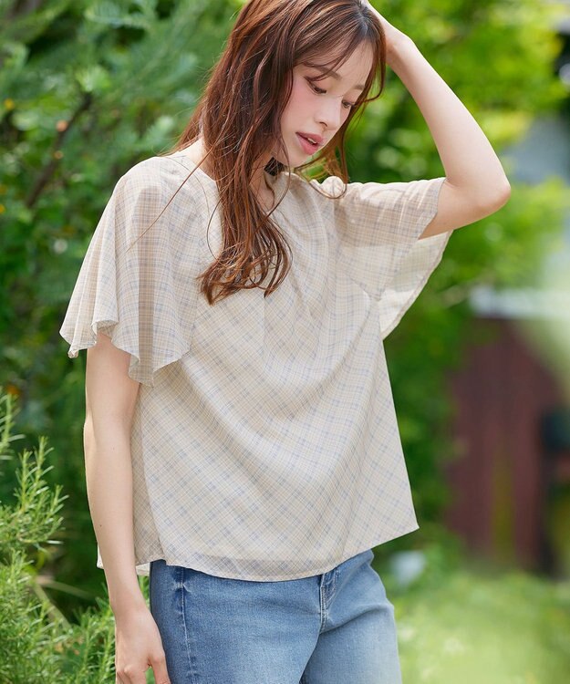 Tiaclasse 【洗える】チェック柄ハンカチスリーブブラウス ベージュ