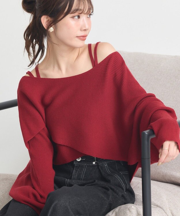 earth music&ecology 【2WAY】【洗濯機洗い可】SET2点クロスニット＋キャミソール Bordeaux