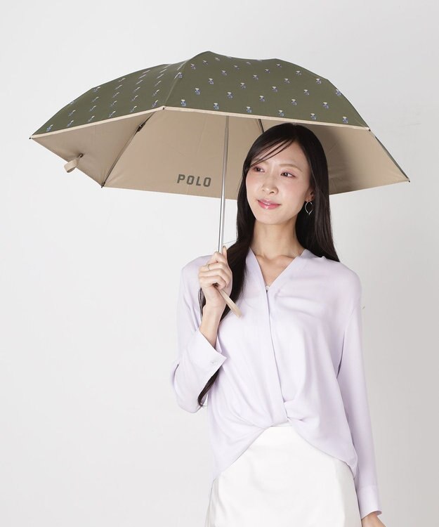MOONBAT 【 遮光率100％/遮熱/UV/軽量】POLO RALPH LAUREN（ポロ ラルフローレン）晴雨兼用日傘   PORO BEAR ポロベア 裏カラー 折りたたみ傘 カーキ＆ベアＰｔ×ベージュ