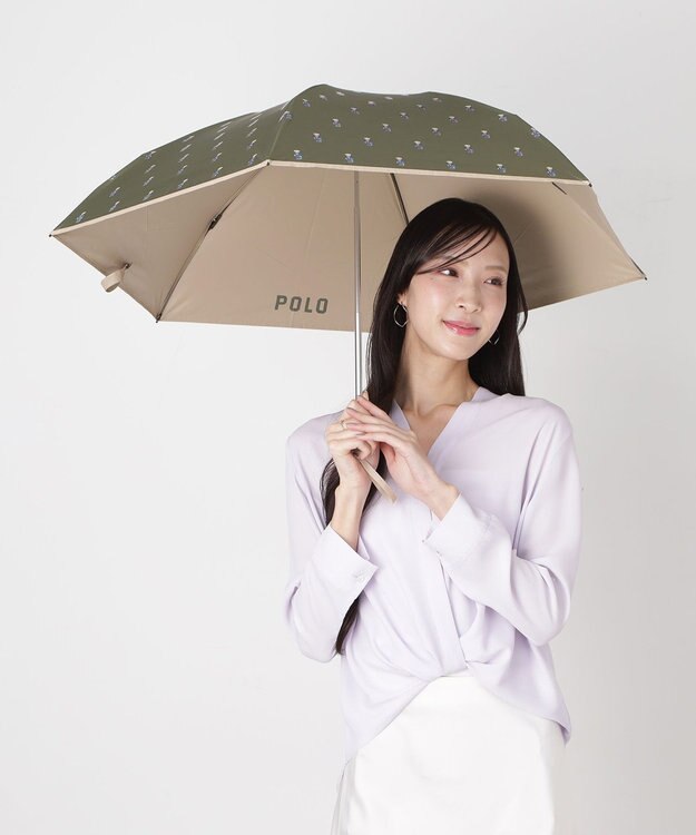 MOONBAT 【 遮光率100％/遮熱/UV/軽量】POLO RALPH LAUREN（ポロ ラルフローレン）晴雨兼用日傘   PORO BEAR ポロベア 裏カラー 折りたたみ傘 カーキ＆ベアＰｔ×ベージュ