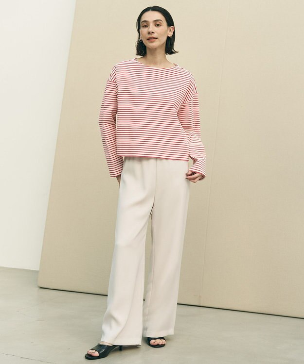 UNFILO ドライタッチリブ バックZIP ボーダートップス オフ×レッド