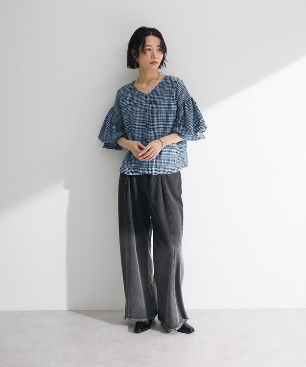 Green Parks 前後２ｗａｙ袖バルーンギンガムチェックブラウス Blue