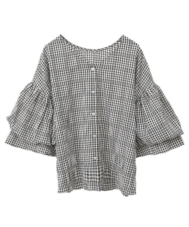 Green Parks 前後２ｗａｙ袖バルーンギンガムチェックブラウス Black