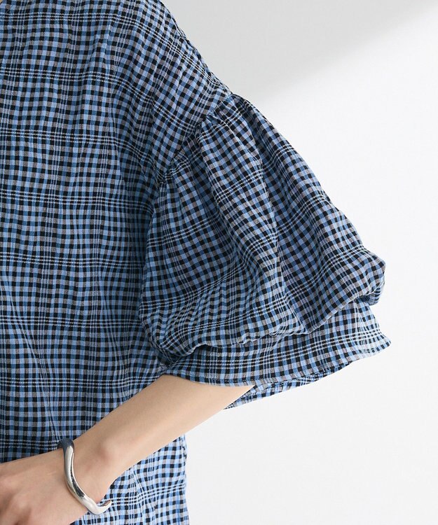 Green Parks 前後２ｗａｙ袖バルーンギンガムチェックブラウス Blue