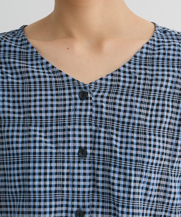 Green Parks 前後２ｗａｙ袖バルーンギンガムチェックブラウス Blue