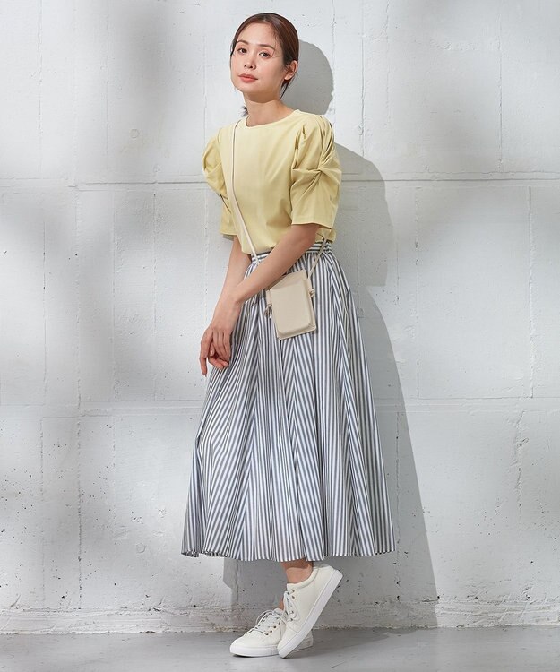 ANY 【ウエストゴム/ポケット付】シャンブレーライク フレアスカート ストライプ