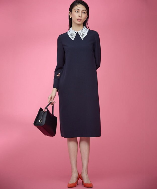 組曲 L 【KUMIKYOKU NAVY】コンフォータブルドレープ レース襟ワンピース ネイビー系