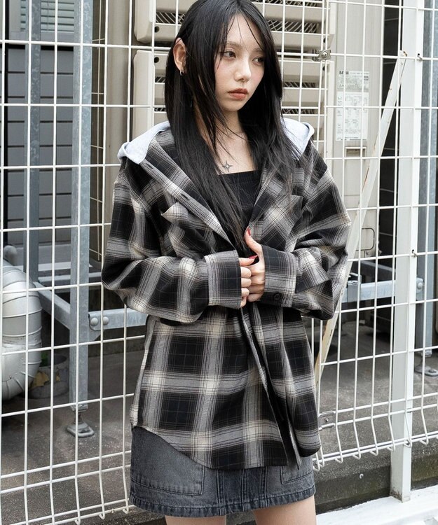 WEGO 裏毛フードチェックシャツ ブラウンチェック1