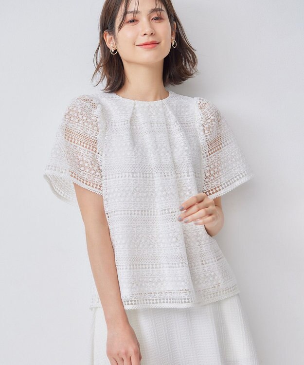 組曲 S ボーダーレース ブラウス パールホワイト系