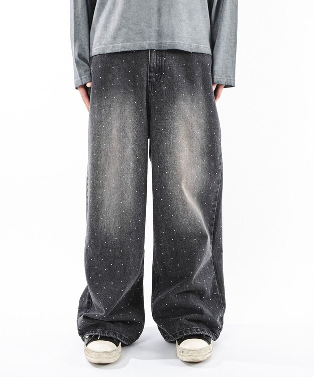 WEGO 【ユニセックス着用ITEM】スーパーバギーラインストーンデニムパンツ デニムブラックソノタ