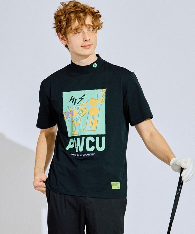 PW CIRCULUS 【UV遮蔽率99% UVカット / 速乾 / ストレッチ】【GOLF OUT掲載】【MEN】アニマルグラフィックモックネックT ゴルフ ブラック系