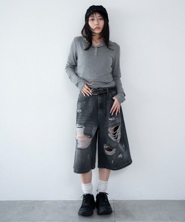 WEGO ヘンリーネックフードロンT 杢グレー