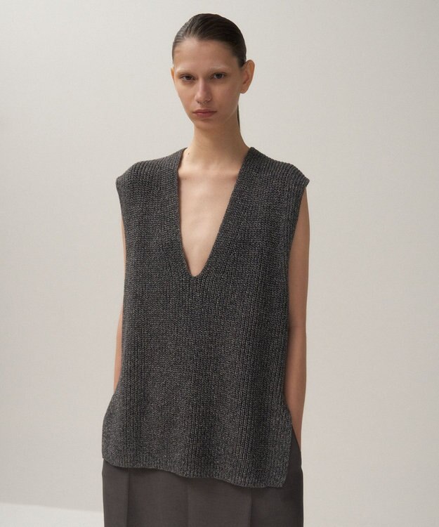 ATON SILK WASHI LILIYARN | Vネックベスト CHARCOAL GRAY