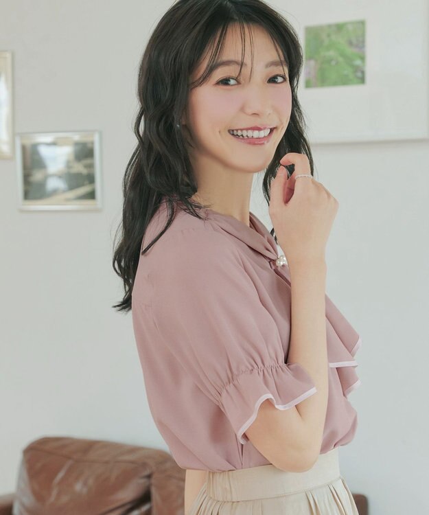 Tiaclasse L 配色パイピングボウタイブラウス ピンク