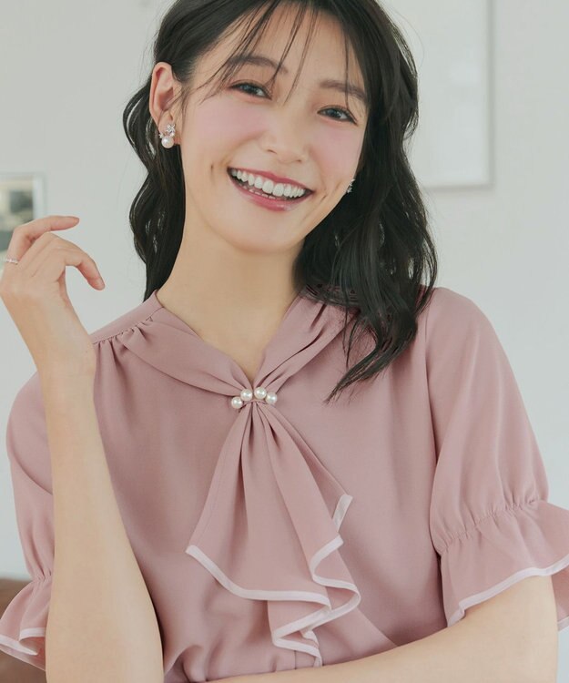 Tiaclasse L 配色パイピングボウタイブラウス ピンク