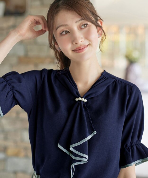 Tiaclasse L 配色パイピングボウタイブラウス ネイビー