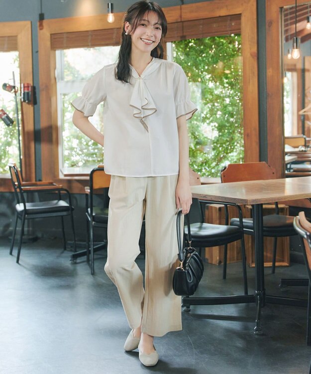 Tiaclasse L 配色パイピングボウタイブラウス オフホワイト