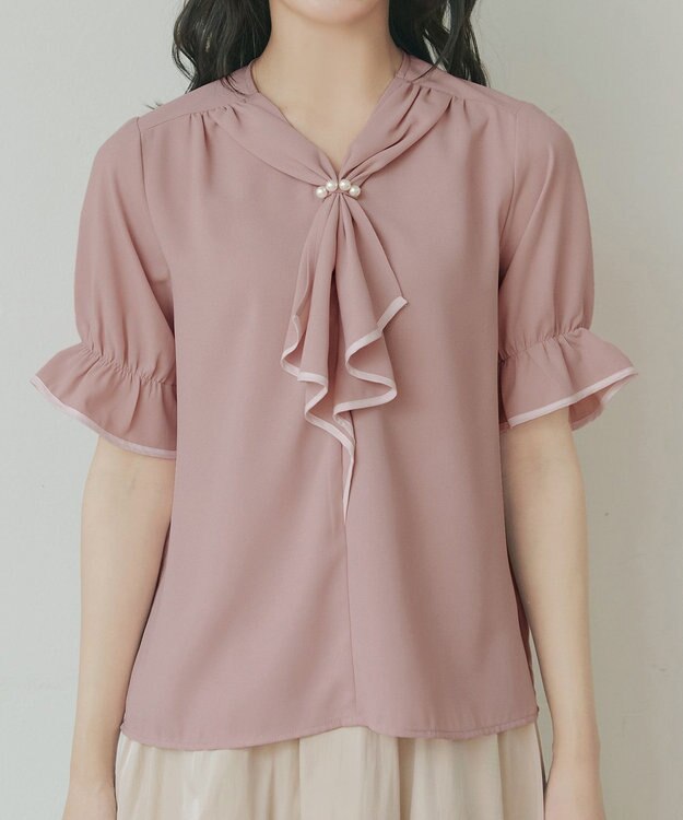 Tiaclasse L 配色パイピングボウタイブラウス ピンク