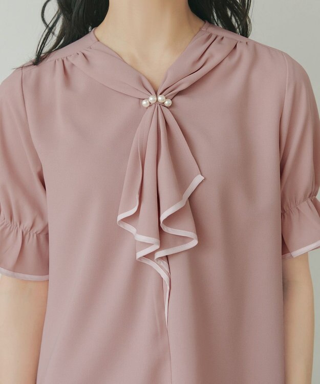 Tiaclasse L 配色パイピングボウタイブラウス ピンク