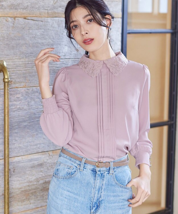 Tiaclasse L 【洗える】襟刺繍ピンタックブラウス ピンク