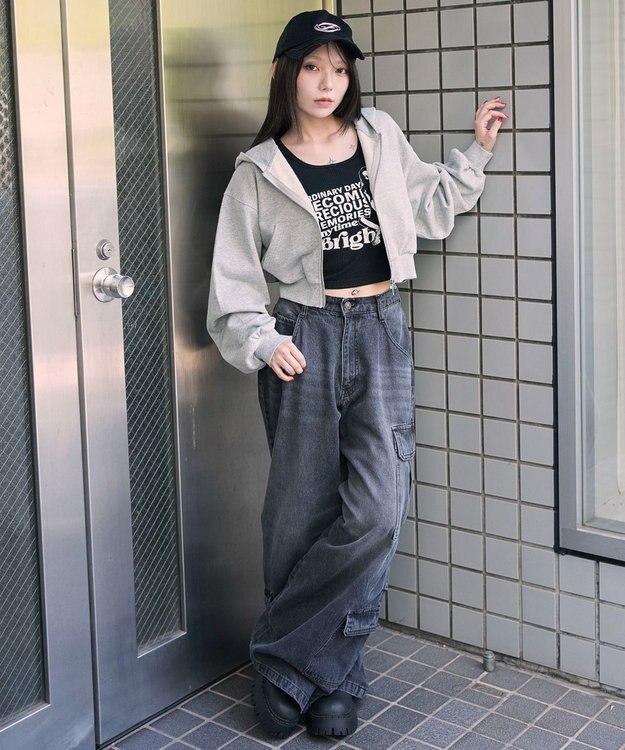 WEGO ショートZIPパーカー 杢グレー