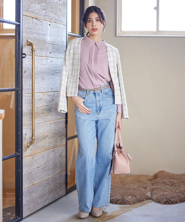 Tiaclasse L 【洗える】襟刺繍ピンタックブラウス ピンク