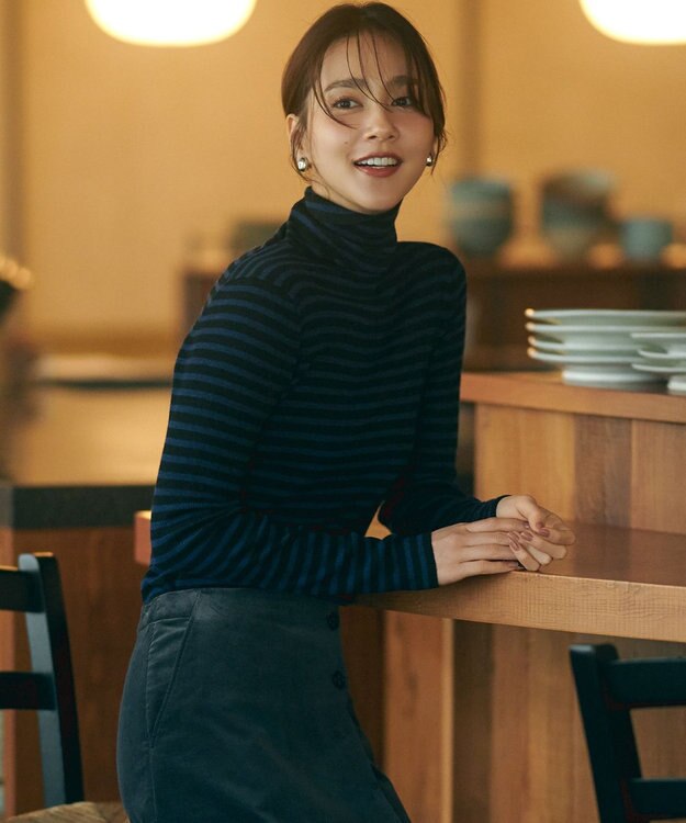 23区 【洗える】ウーステッドウール タートルネック ニット ブラック×マリンボーダー