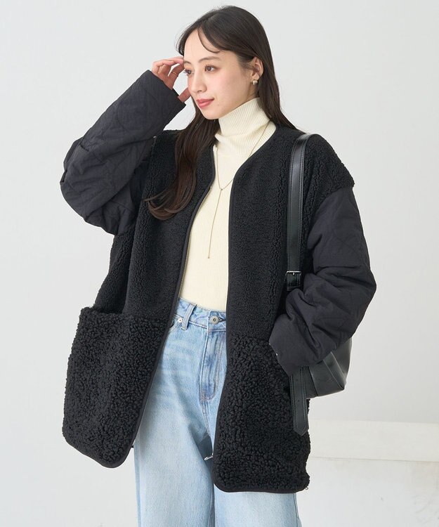 earth music&ecology ボアキルトミドルコート Black