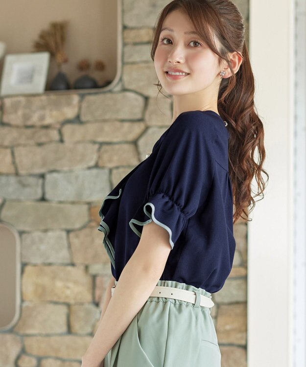 Tiaclasse L 配色パイピングボウタイブラウス ネイビー