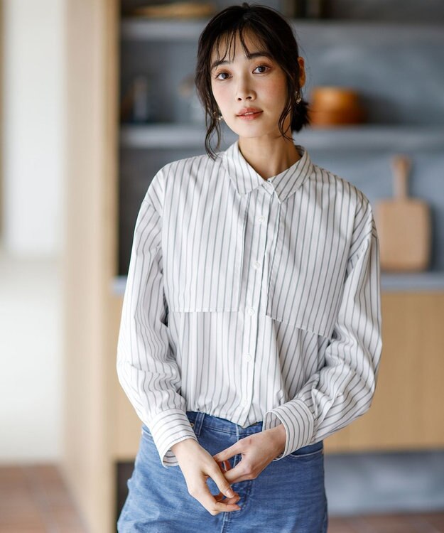 ANY SIS L クロップドヨークハオリ シャツ オフストライプ