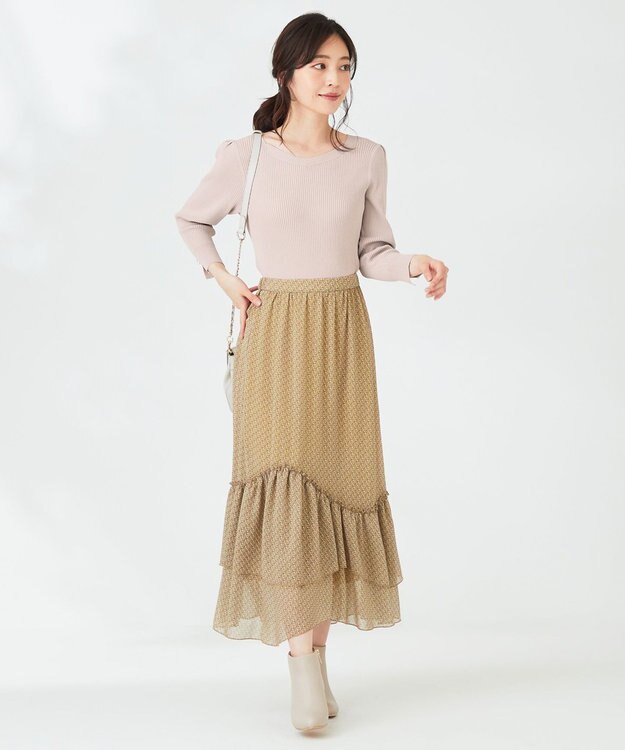 ANY SIS 【洗える】ティアードプリント スカート マスタード系