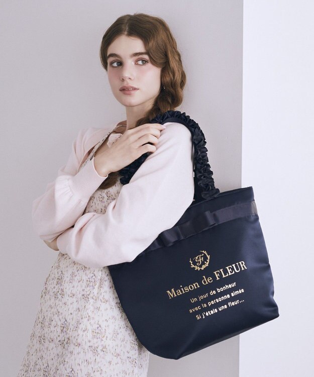 Maison de FLEUR ブランドロゴフリルハンドルトートMバッグ Navy