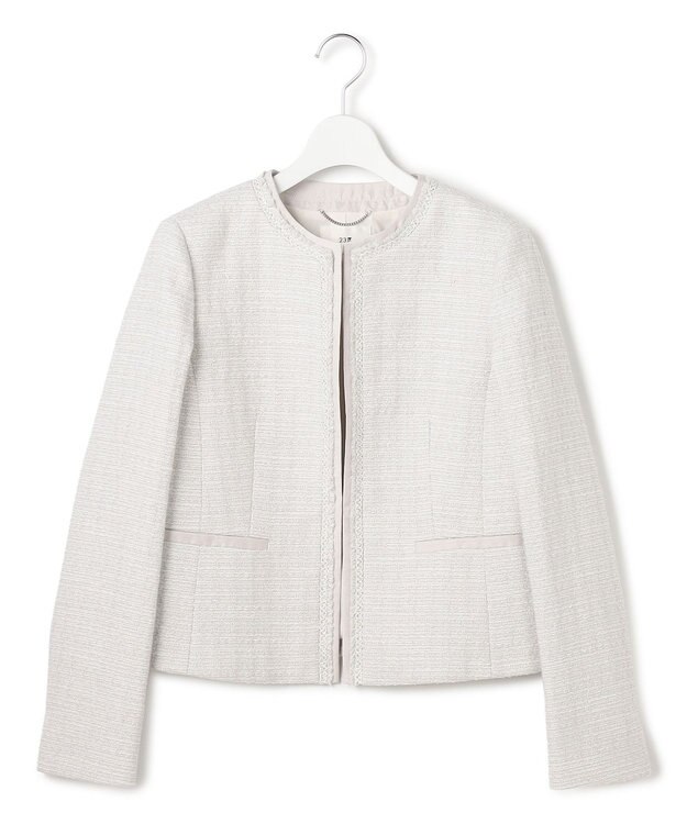 23区 L 【セットアップ対応】ライトシャインツイード ノーカラージャケット ライトグレー系