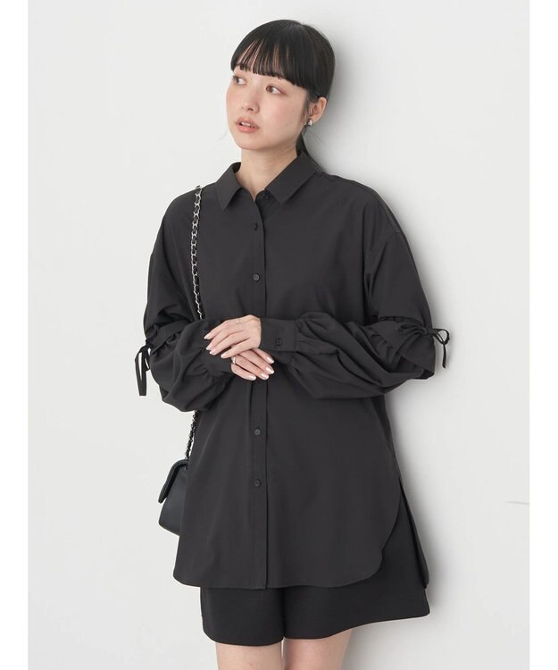 earth music&ecology ギャザースリーブシャツ Black