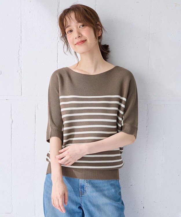 ANY 【洗濯機可/UVカット/アンチピリング】ハーフスリーブガーターニット グレージュ×アイボリー