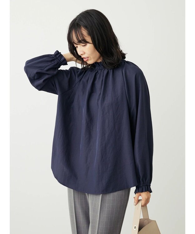 Green Parks スタンドフリルボウタイブラウス Navy