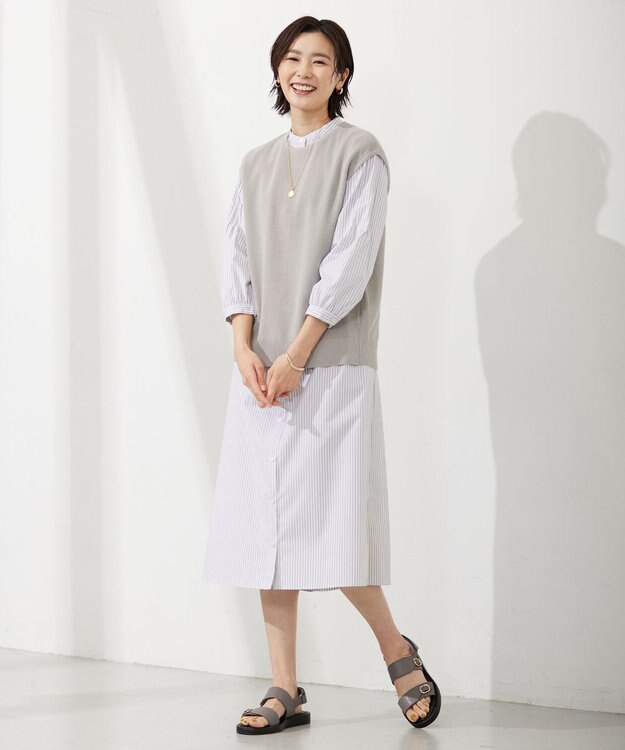 J.PRESS LADIES L 【WEB限定カラーあり・洗える・接触冷感・UVカット・イージーケア】 エステネージュストライプ ワンピース ライトグレー系1