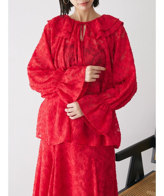 Green Parks シアージャガード花柄フリルブラウス Red