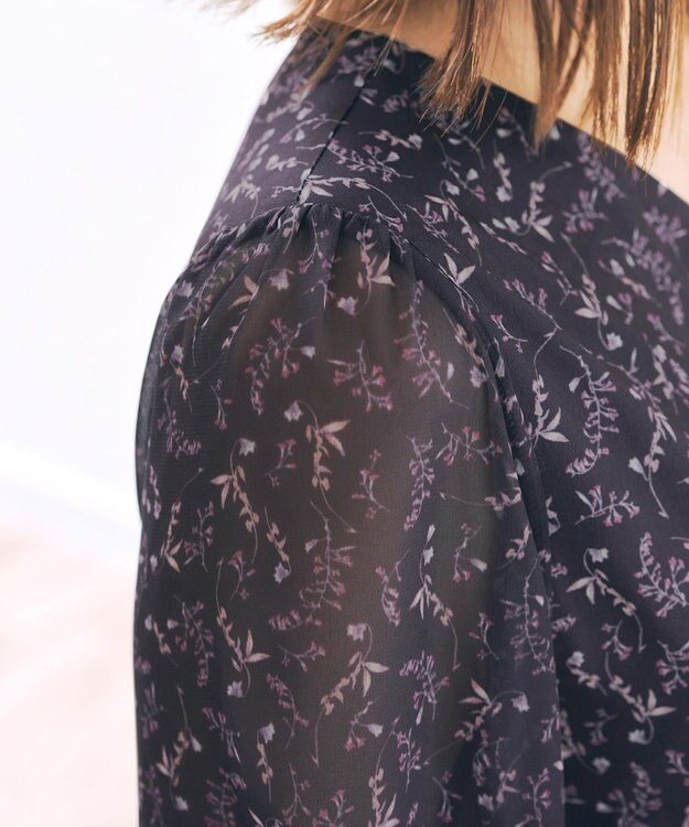 Tiaclasse 【洗える】花柄シフォン袖ワンピース チャコールグレー